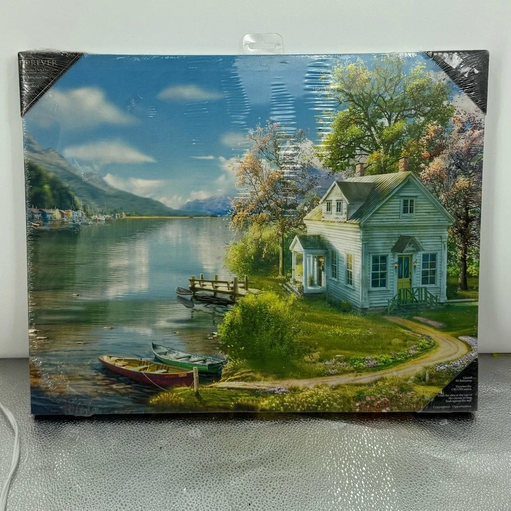 Cottage by Lake with Boat Light-Up Canvas Scenic Wall Art Battery Timer Decor